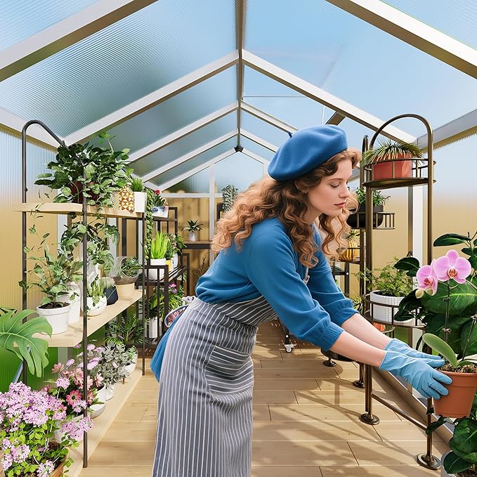 8x12 FT Greenhouse for Outdoors, Polycarbonate Greenhouse with Roof Vent, Ground Nails, Lockable Push Door, Aluminum Large Walk-in Green House for Outside Garden Backyard, Patio, Lawn, Silver