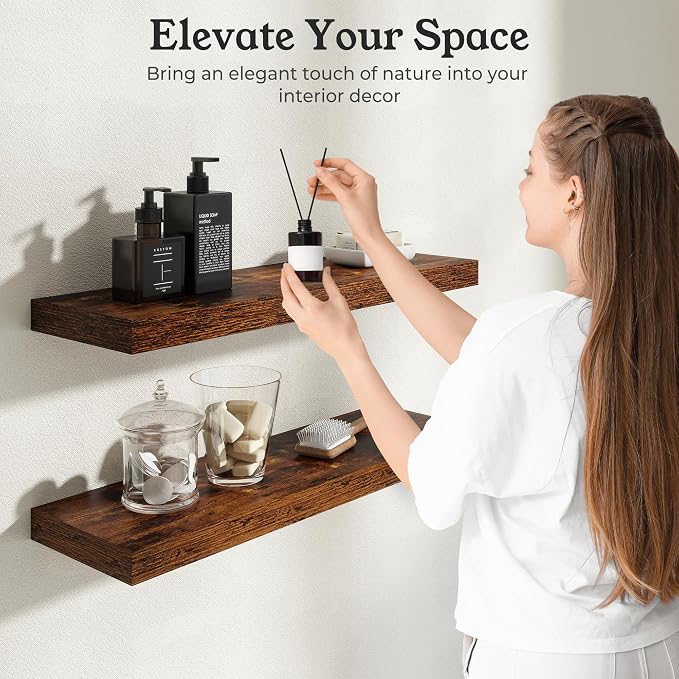 30" Brown Floating Shelves Wood Wall Shelf, Rustic Brown, Set of 2 | Wall Mounted Wood Shelves, For Bathroom, Bedroom, Living Room, Kitchen, Hanging Shelf for Books/Storage/Room Décor