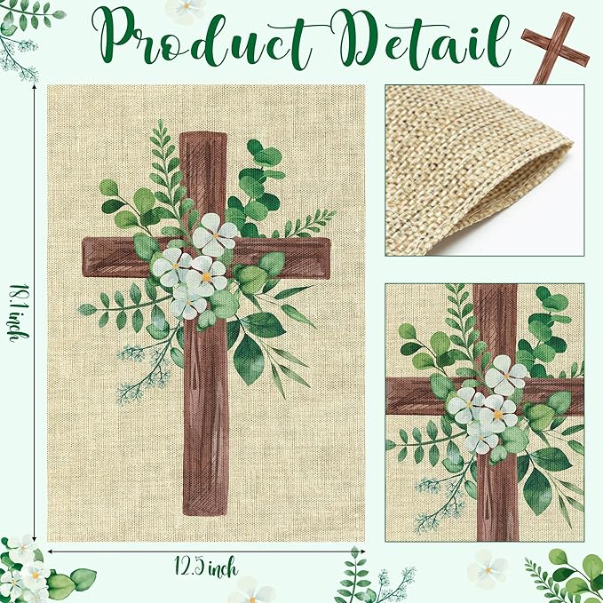 WATINC Spring Summer Eucalyptus Christian Cross Linen Garden Flag- 12 x 18 Inch Easter Religious Yard Flag for Outside, Double Sided House Outdoor Decoration for Porch Lawn Pathway (Green)