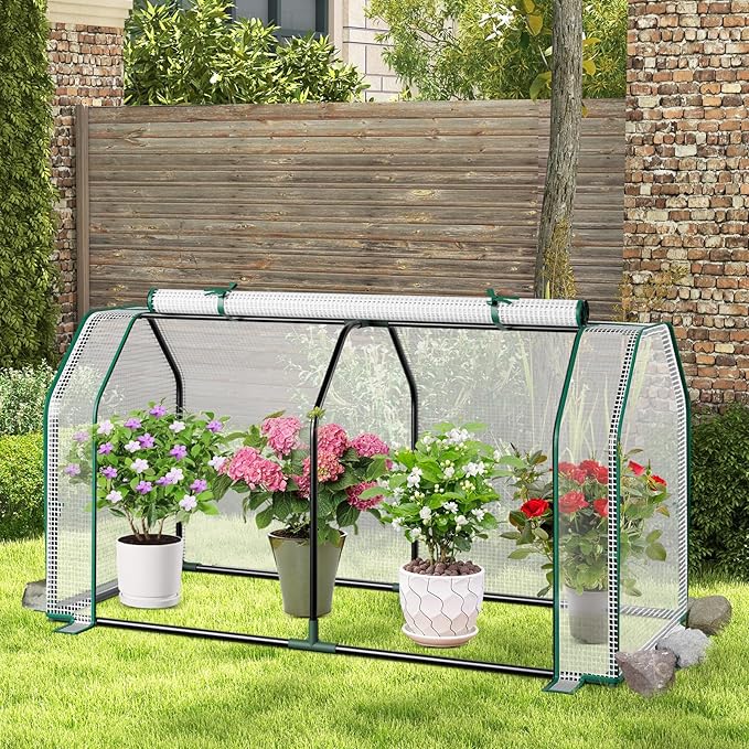 Mini Greenhouse, Portable Garden Greenhouse with All-Weather PE Cover & Zippered Roll-up Door, Indoor & Outdoor Green House for Vegetables, Flowers, Fruits & Herbs