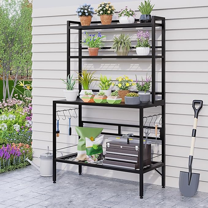 Outdoor Potting Bench Table with Storage, 63" Tall Metal Garden Workstation, 4-Tier Plant Stand Shelves with 8 Hooks, Heavy Duty All-Weather Potting Table for Patio, Backyard, Balcony, Black