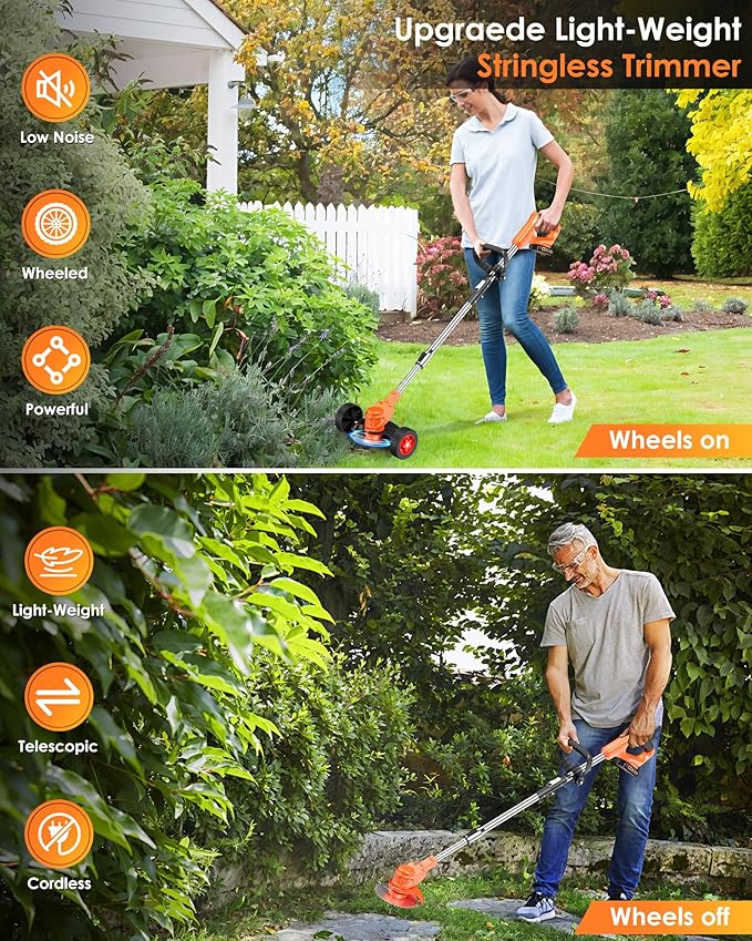 21V Cordless Weed Wacker, Lightweight 3-in-1 Grass Trimmer/Brush Cutter/Edger, Battery Powered Weed Eater with 2×2.0Ah Batteries, Foldable Electric Lawn Mower, 2 Types Blade & Wheels for Garden Yard