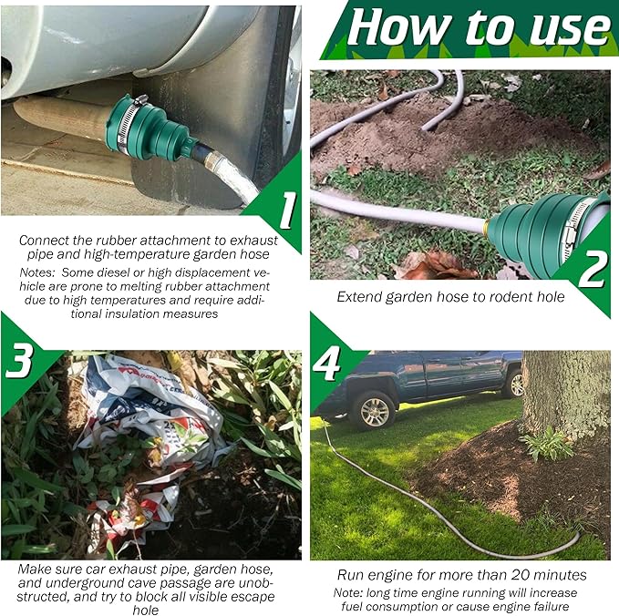 Qualirey 1 Pack Pest Control Exhaust Pipe Attachment Transport Exhaust from Car to Underground for Killing Outdoor Rodents Such as Moles, Gophers (FIT FOR PIPE IN 2"-2.4"/3"-3.5" DIAMETER) (Green)
