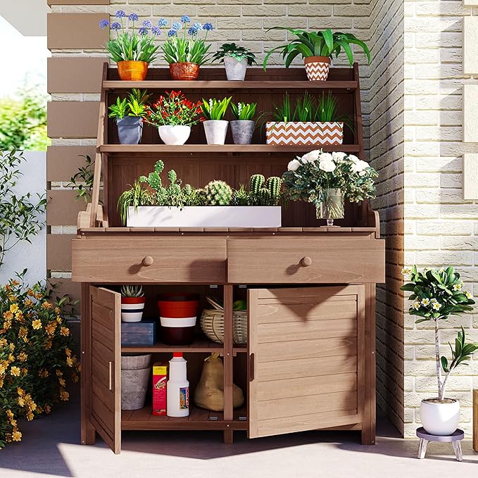 65inch Garden Potting Bench Table, Fir Wood Workstation with Storage Shelf, Drawer and Cabinet (Brown@017, 65inch)