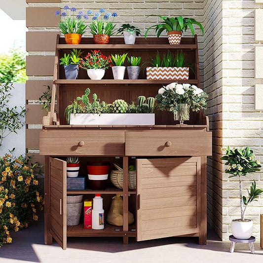 65inch Garden Potting Bench Table, Fir Wood Workstation with Storage Shelf, Drawer and Cabinet (Brown@017, 65inch)