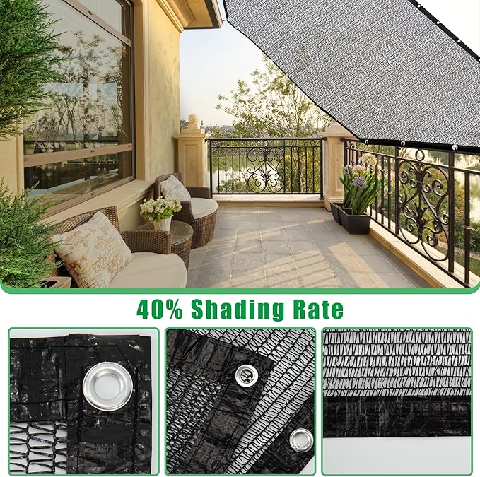 SPORTYOUTH 40% Shade Cloth for Garden, 6ft x 20 ft Mesh Tarp with Grommets, Black UV Resistant Outdoor Sunblock Shade Netting Cover for Greenhouse, Plants Vegetables Growing, Patio, Chicken Coop