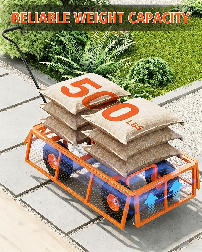 Garvee Steel Garden Cart, 500 LBS Capacity Utility Outdoor Wagon, Heavy Duty Mesh Garden Metal Wagon with Removable Sides, Flexible Handle for Yard, Lawn, Garden