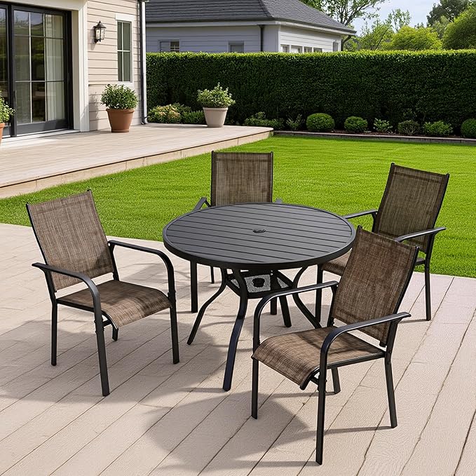 41" Outdoor Dining Table for 4 Person, Metal Round Patio Dining Table with Adjustable Umbrella Hole for Garden, Partitioned Storage Shelf, Backyard and Porch, Black