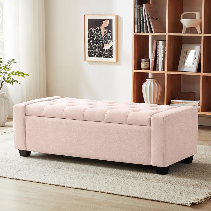 Huatean Home 48" Ottoman with Storage, Pink Storage Ottoman Bench | Upholstered Entryway Bench with Seating for Bedroom, Living Room, with Safety Hinge, Holds up to 330 lb