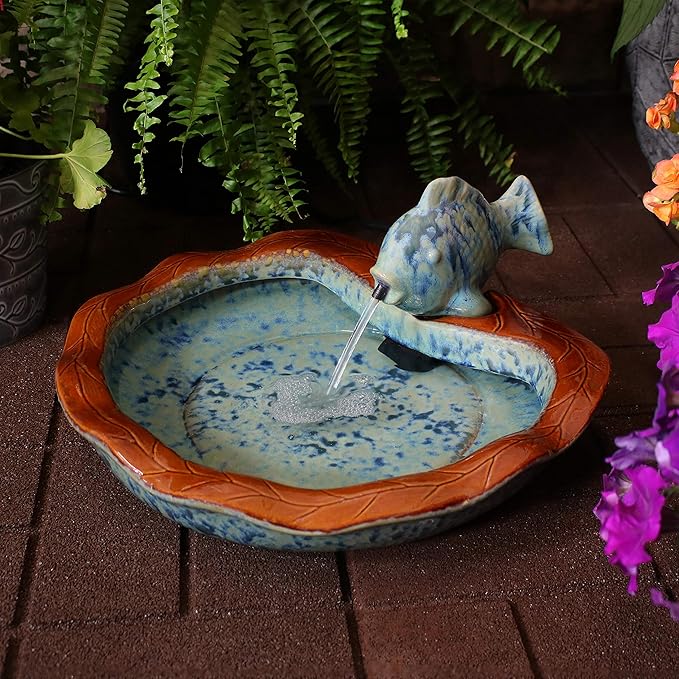 Sunnydaze Glazed Ceramic Fish 7-Inch Outdoor Garden Fountain - Outdoor Tabletop Fountain for Patio, Deck, Garden - Aqua and Brown
