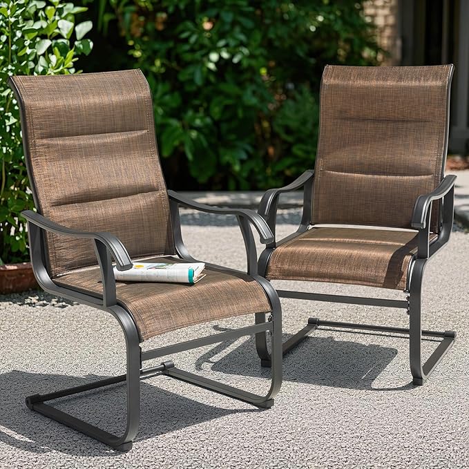 NUU GARDEN Patio Dining Chairs Set of 2, All Weather Outdoor Padded Textilene Patio Chairs, Breathable Spring Motion Textile High Back Outdoor Dining Chairs for Backyard, Lawn, Deck, Brown