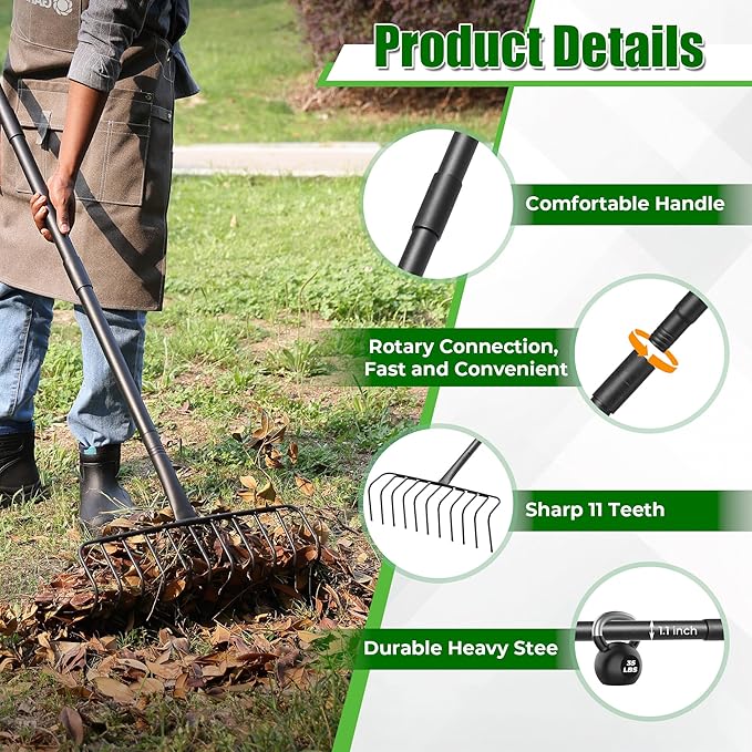 Bow Rake for Leaves, Heavy Duty Garden Rake with 11 Stainless Steel Tines Long Handle 68" Garden Tool for Loosening Soil, Cleaning the Leaves, Removing Thatch, Laying Sod