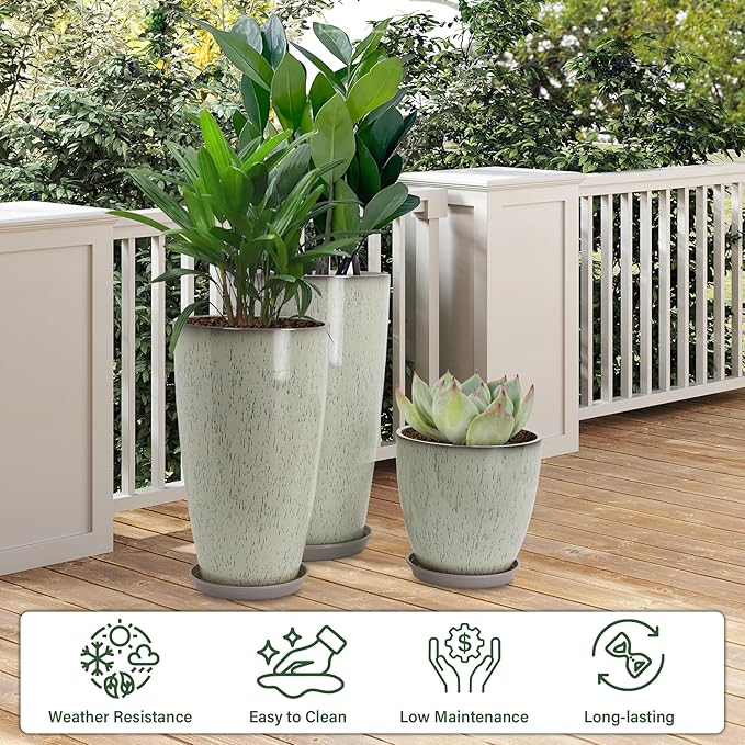 Neoaider 24/21/12 Inch Large Plastic Planter, Lightweight Ceramic-Look Tall Planters with Drain Hole & Saucers, Tall Plastic Planters for Porch, Garden, Patio, Balcony(Drip Glaze)