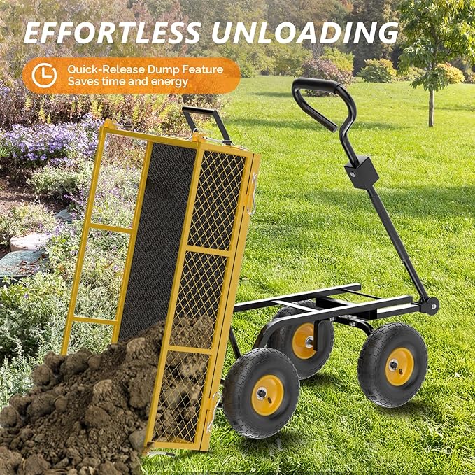 VINGLI Heavy Duty 900 LBS Mesh Steel Garden Cart, Dump Detachable Utility Wheelbarrow, Yard and Garden Wagon Cart with Removable Sides and 10 Inch Wheels(Yellow)
