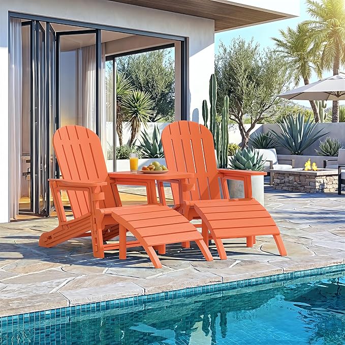 Vongrasig Adirondack Chairs Set of 2 with Removable Tabletop and Footrest, HDPE Plastic Outdoor Chair Set with Wooden Textured, Cup Holder for Patio, Poolside, Garden, Orange, 5 Pieces
