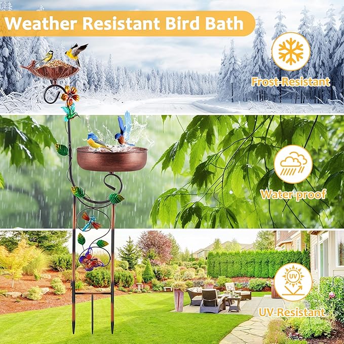 2 In 1 Bird Bath for Outside, Free Standing Large Metal Bird Baths Bowls & Bird Feeder Combo for Outdoors Garden Yard Lawn Decor, Vintage Wild Birdbaths Stand for Hummingbird, Copper