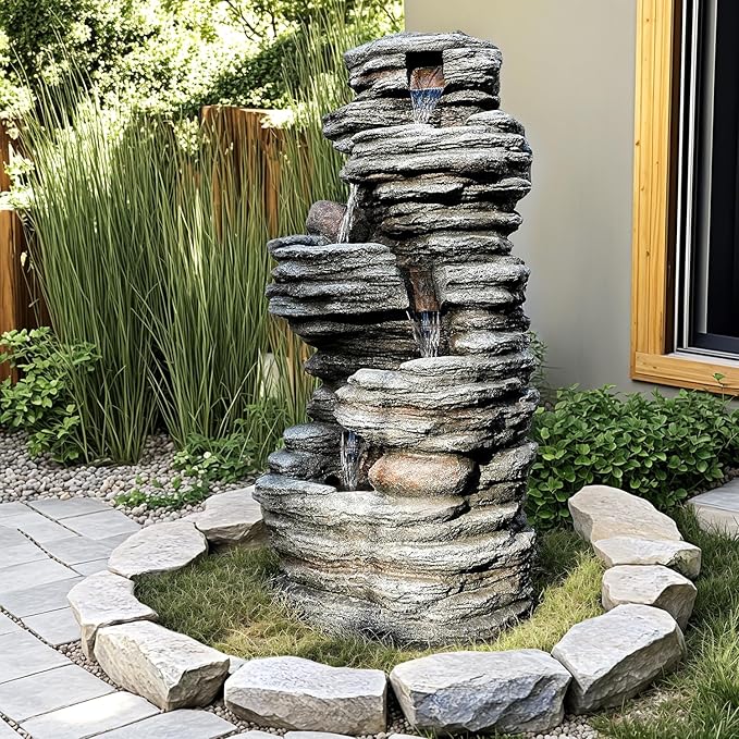 Jocoevol 40" Outdoor Water Fountain with LED Lights - 5-Tier Cascading Rock Waterfall Fountain, Natural Rock Look, Ideal for Garden, Landscaping, Patio, Balconies and Yard Decor