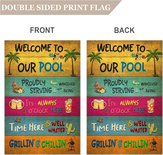 Snycler Welcome To Our Pool Garden Flag, 12.5x18" Party Decorations, Summer Decor, Outdoor Beach Bar Pub Porch Patio Deck Backyard Poolside Decor Outside
