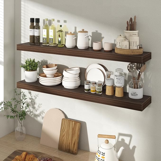 Acovy 36 Inch Floating Shelves for Wall 2 Pack, 36" Wall Shelves for Books, Storage, Decor, Wall Mounted Floating Shelf with Invisible Brackets for Kitchen, Living Room, Walnut