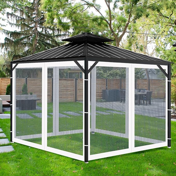 Gazebo Universal Replacement Mosquito Netting, 10' x 12' Outdoor Mesh Netting Screen 4-Panel Sidewall with Zipper for Patio Canopy Garden Porch Pergolas and Backyard, White(Mosquito Net Only)