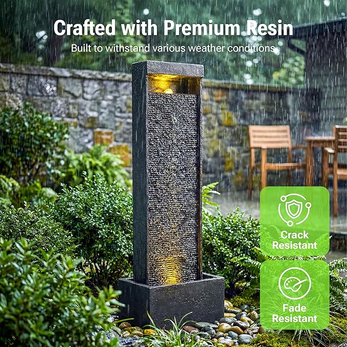 35-Inch Outdoor Water Fountain, Modern Curved Faux Slate Resin Indoor Waterfall Fountain with 2 Warm LED Lights, Home Art Decor for Garden, Patio, Yard, Deck, Porch, Balcony in Black