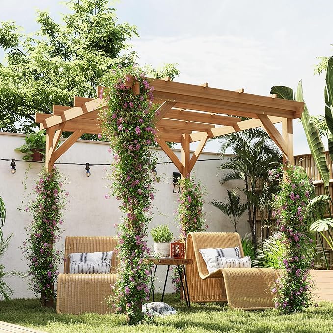 Outsunny 6.6' x 6.6' Outdoor Pergola with Stable Structure and Concrete Anchors, Wood Gazebo Grape Trellis for Climbing Plant Support, Garden, Patio, Backyard, Deck, Dark Brown
