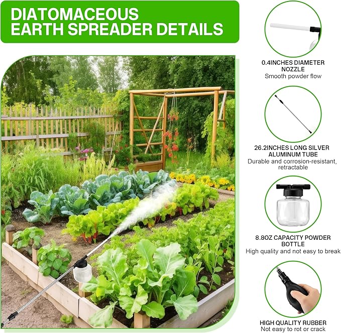 Qualirey Diatomaceous Earth Powder Duster, Extendable 16.5" to 26.2" Bulb Sprayer Pesticide, Powder Duster for Pest Control with 8.8OZ Bottle, Garden Sprayer for Organic Gardening Agricultural Supply