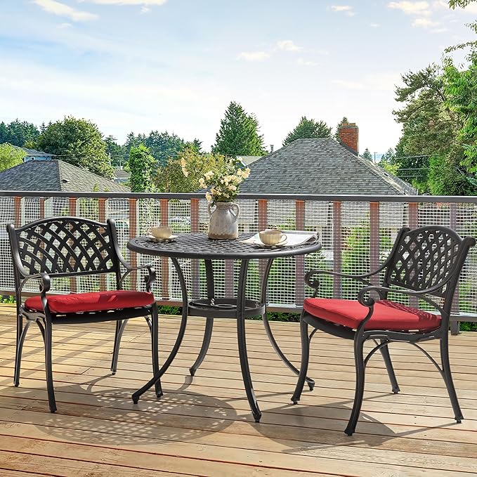 NUU GARDEN 35" Round Patio Bistro Table, Cast Aluminum Round Outdoor Bistro Table with Umbrella Hole for Poolside, Deck, Porch, Backyard, Balcony, Black with Antique Bronze Edge