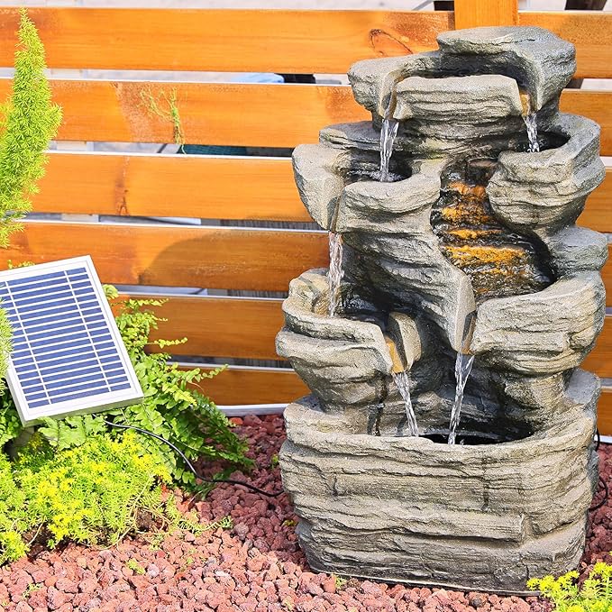 Bumilgar 6 Tier Cascading Rock Solar Water Fountain Outdoor Garden Waterfall Decor for Garden, Patio, Backyard, Deck, Porch and Home Art Decor,24.4" H Outdoor Fountain with LED Lights