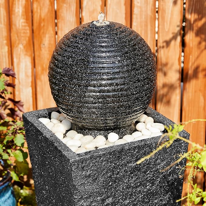 Glitzhome Outdoor Water Fountain, 40.25"H Modern Geometric Pedestal and Sphere Polyresin Waterfall Fountain, Outdoor Fountain with Pebbles, Pump and LED Light for Patio, Backyard, Garden, Deck(Black)
