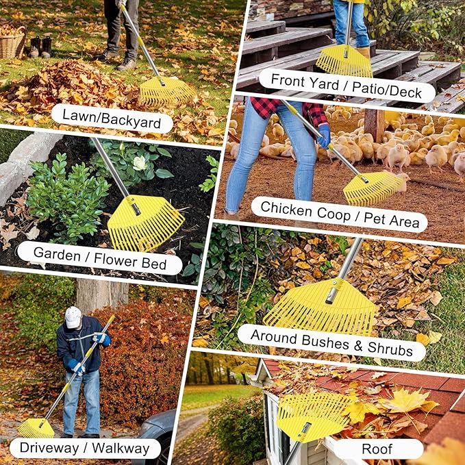 Plastic Leaf Rake - Lightweight Lawn & Garden Rake for Women, Seniors & Kids,16.5" Wide Yard Rake for Leaves, Grass & Pine Needles, Adjustable Handle 35–65"