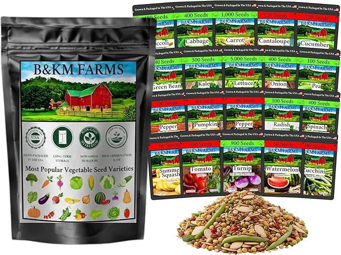 B&KM Farms Vegetable & Herb Seed Vault, 20 Varieties, 40 Packets, 20,000+ Heirloom Non-GMO Seeds, Water Resistant Reclosable Packaging, Home Garden (20 Pack: The Beginner Garden Collection)
