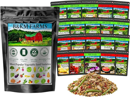 B&KM Farms Vegetable & Herb Seed Vault, 20 Varieties, 40 Packets, 20,000+ Heirloom Non-GMO Seeds, Water Resistant Reclosable Packaging, Home Garden (20 Pack: The Beginner Garden Collection)