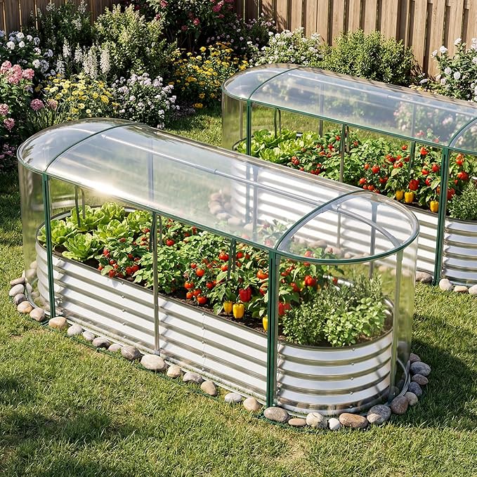 Giantex Raised Garden Bed w/Greenhouse Cover, Outdoor Oval Metal Steel Planter Box w/Roll-up Window, Clear PVC Mini Greenhouse for Vegetables Flowers Herbs Outdoor Patio Gardening, 6x2x1 FT (Silver)