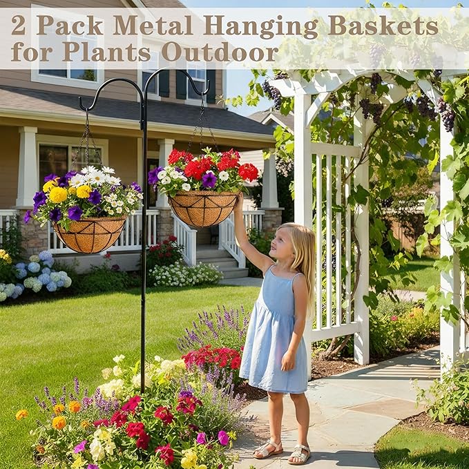 EIMQUVW 2 Pack Hanging Planters with Coconut Liner Metal Outdoor Hanging Baskets with Chains 12 Inch Durable Wire Flower Pots for Porch Garden Spring Summer Decor