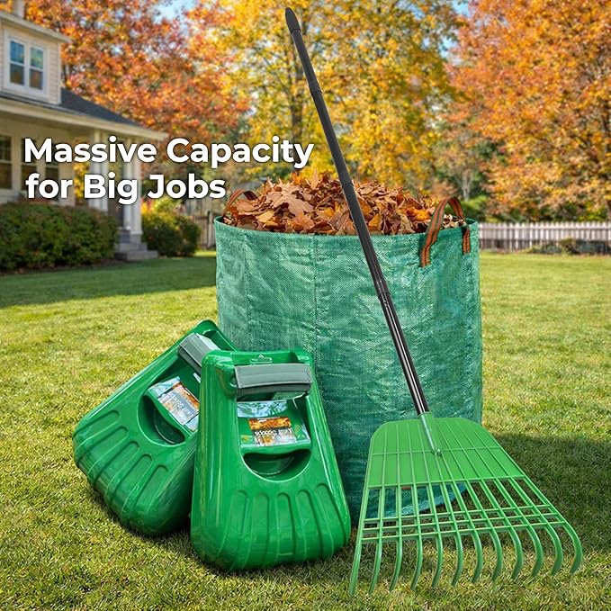 Gardzen Rake for Leaves and Hand Scoops Set, 67 inch Adjustable Long Handle, Crack Resistant Modified PE Rake & Scoops, Comes with Wrist Pads, 72 Gallon Bag, Gloves