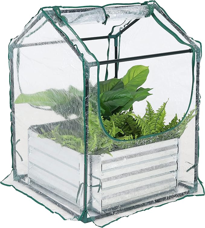 Sunnydaze Steel Raised Garden Bed with Mini Greenhouse - Outdoor Greenhouse Kit - 2 Zippered Doors - Clear - 2' x 2'