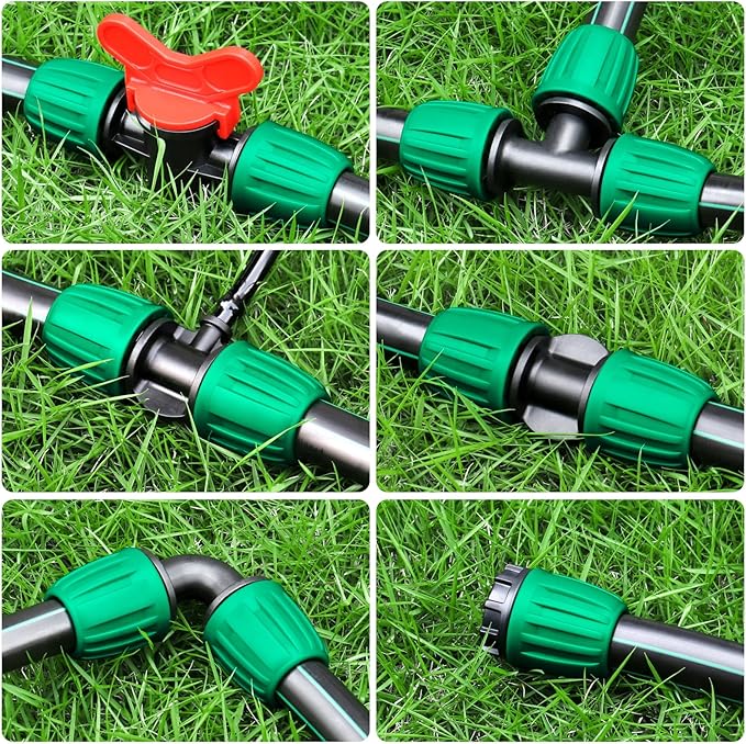 JAYEE 22 Pcs Drip Irrigation Fittings Kit for 1/2 In Tubing, Drip Line Parts for Sprinkler System - 5 Tees, 5 Couplings, 3 Elbows, 3 Barbed Lock T Connectors, 4 End Closure Plugs, 2 Switch Valves