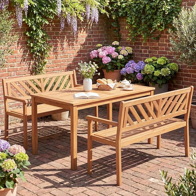 Tangkula Acacia Wood Outdoor Loveseat Bench, 2-Person Patio Garden Bench with Armrests & Backrest, Slatted Wooden Outside Seating Furniture for Backyard, Porch, Deck (V-Shaped Backrest)