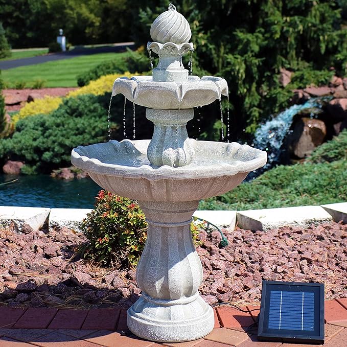 Sunnydaze 35" Solar 2-Tier Outdoor Water Fountain - Garden Water Feature with Battery Backup and Pump - White