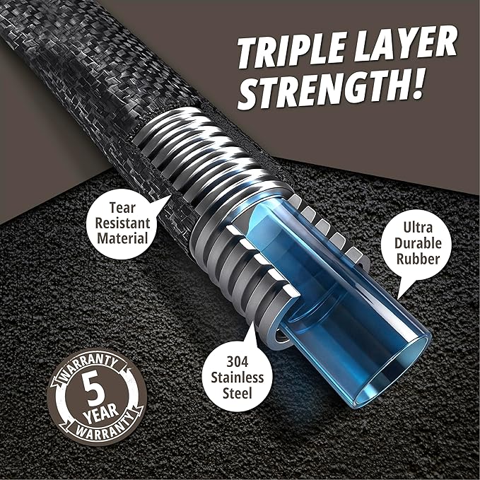 Hydrosteel PRO 100 Ft Metal Garden Hose with Nozzle, Water Hose Made from Heavy Duty 304 Stainless Steel, Flexible, Lightweight, Brass Crush Resistant Fittings, Kink Free, 5/8” Diameter, 600 PSI