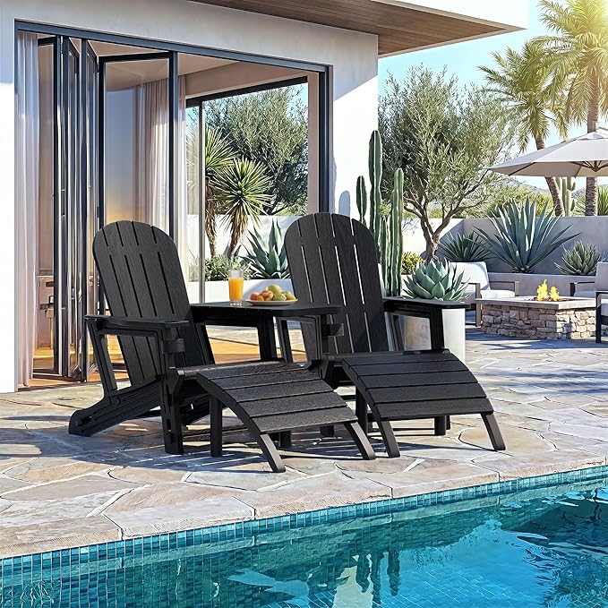 Vongrasig Adirondack Chairs Set of 2 with Removable Tabletop and Footrest, HDPE Plastic Outdoor Chair Set with Wooden Textured, Cup Holder for Patio, Poolside, Garden, Black, 5 Pieces