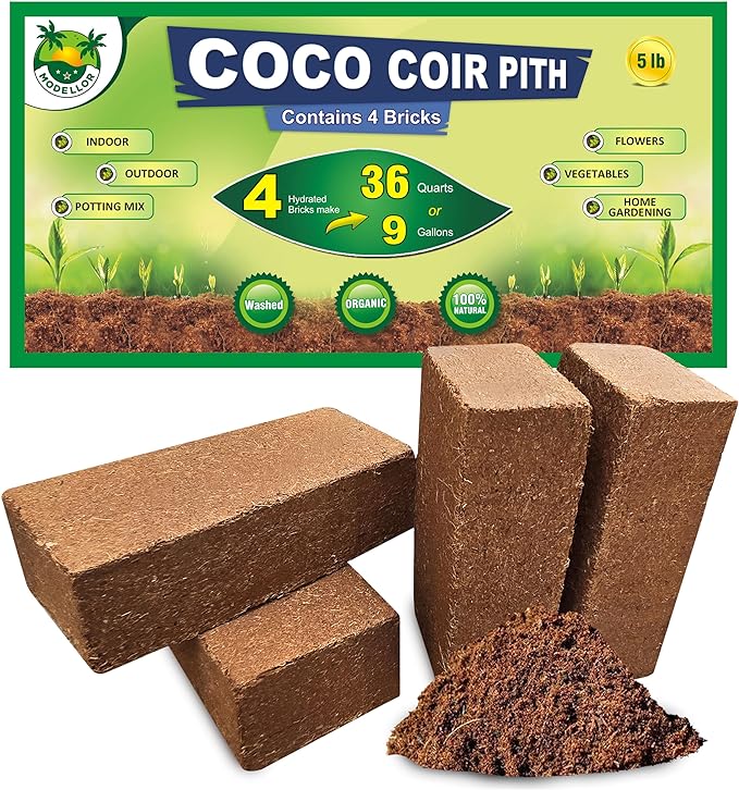 MODELLOR 4 Bricks (5 lb) Premium Super Washed Coco Coir, Yields 9 gallons, Seed Starter, Organic, pH Balanced, Gardening, Indoor, Outdoor use.