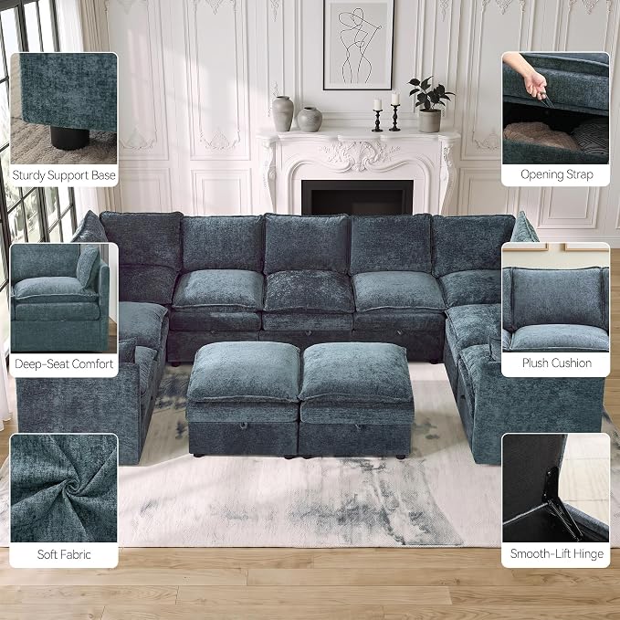 130" Oversized U-Shape Storage Sofa Modular Couch with 2 Ottomans,Blue