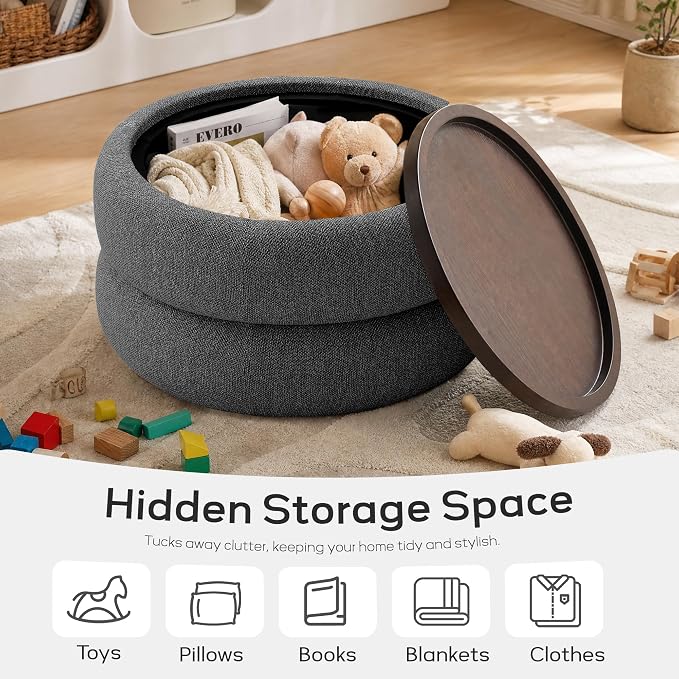 29.5" Round Storage Ottoman, Ottoman Coffee Table with Removable Wood Top | Upholstered Modern Boucle Ottoman with Storage for Living Room, Bedroom, Apartment, DarkGrey