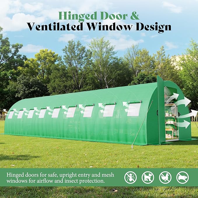 AMERLIFE 30×10 FT Tunnel Greenhouse with Built-in Sprinkler System, Walk-in Greenhouse for Backyard Gardening, Heavy Duty Galvanized Steel Frame & Waterproof PE Cover, Green