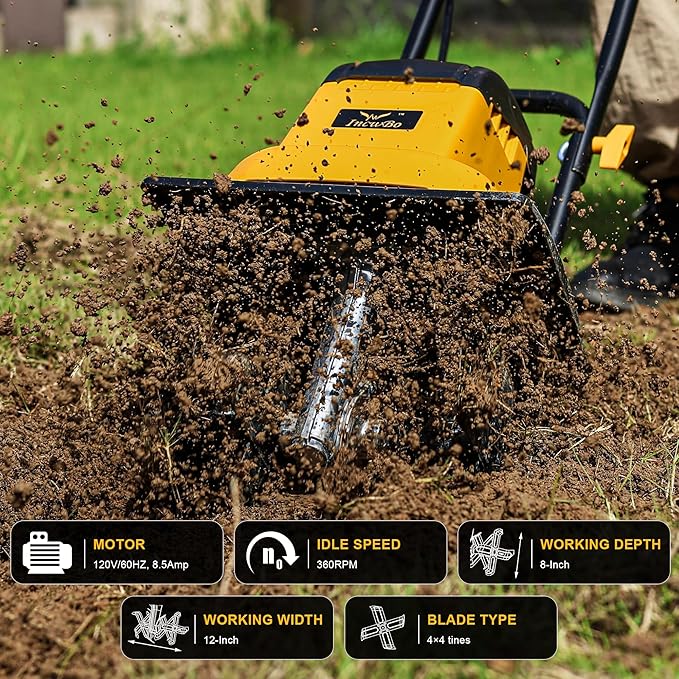 IncwBo 8.5AMP 12Inch Corded Tiller Cultivator 8-inch Depth Rototillers for Gardening, 360RPM Electric Garden Tiller with LT-201D Socket