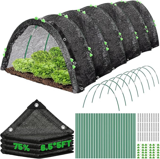 6.5 X 5FT 75% Garden Shade Cloth with Hoops, Plant Shade Cloth Garden Greenhouse Grow Tunnel for Heat Protection, Raised Bed Row Cover Black Netting Tarp for Outdoor Outside Patio Chicken Coops