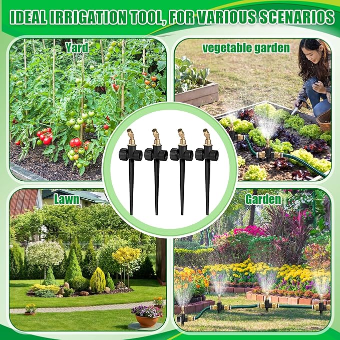 Tioncy 4 Pack Metal Lawn Sprinkler with Brass Nozzle, Heavy Duty Garden Spike Sprinkler Automatic Irrigation Tool for Lawn Garden Yard Greenhouse (Single Nozzle,Black)