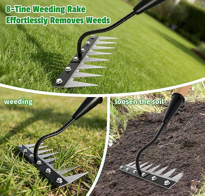 Iron Weed Rake with Wooden Long Handle 2.0, 8 Teeth Weed Puller Tool Heavy Duty, Manual Gardenia Weeding Rake Tool for Yard, Lawn and Garden, 71Inch